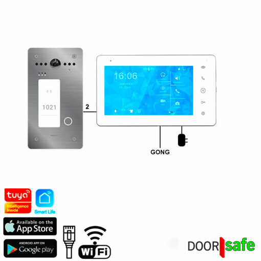 DS7771 | HD video deurbel met camera | 7" touch scherm | met internet & app mogelijkheid | Opbouw of inbouw | met RFID MiFare Chipreader | RVS | 2-draads | BUS | 2-draads van buiten-unit naar scherm | scherm verbinden met internet via 2,4/5Ghz WiFi  | 32Gb & NAS