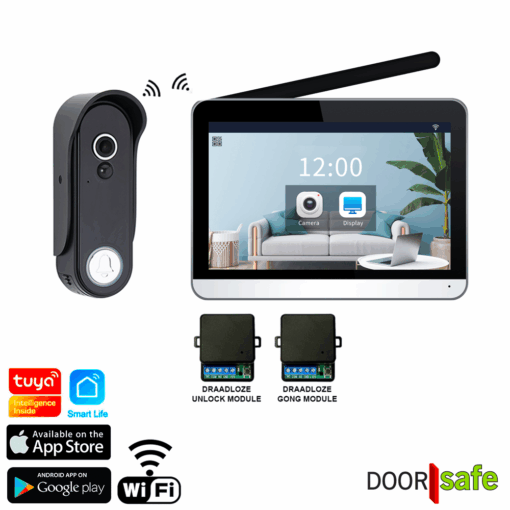 DS4655 PRO met WiFi & App | HD draadloze internet camera deurbel | Scherm is binnenshuis met 2,4/5Ghz WiFi te verbinden | 7″ touch scherm | Draadloos, langer bereik (868Mhz) | Deurbel op stroom of uitneembare 5000mAh accu | Hoog resolutie beeld | Duplex audio | PIR bewegingssensor | Infrarood nachtzicht | Draadloze unlock & gong module | Met monitoring | Opslag op SD-kaart in scherm van 32Gb