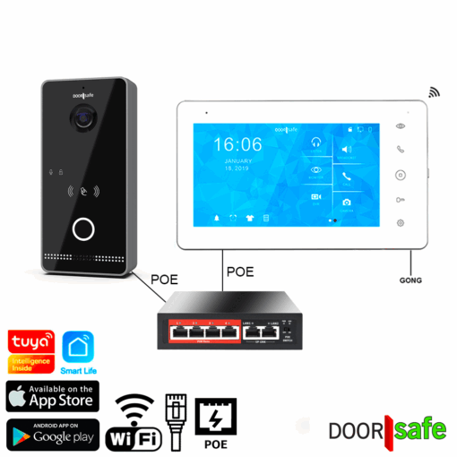 DS6678 PRO | HD internet deurbel met camera + Direct POE & Mifare Chipreader | Zwart/Donkergrijs | 2.4/5Ghz WiFi of Netwerkkabel | met 7 inch touchscherm | met POE switch | 32Gb deurbel, 32Gb scherm & NAS